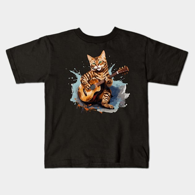 Bengal Cat Playing Guitar Kids T-Shirt by Graceful Designs